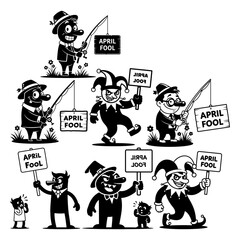 Fototapeta premium April Fool’s Day Cartoon Characters and Prank Signs Set