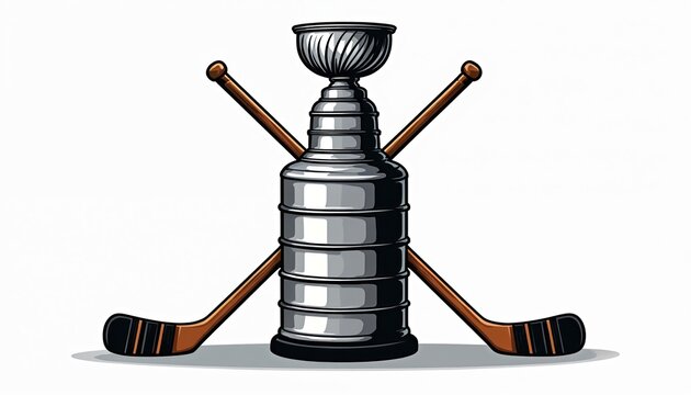Silver hockey trophy rests between two crossed sticks. This championship award symbolizes victory and achievement in ice sport. Ideal graphic for sports media or fan merchandise.