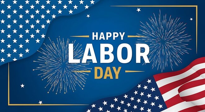 Happy labor day celebration with fireworks and american flag on blue background