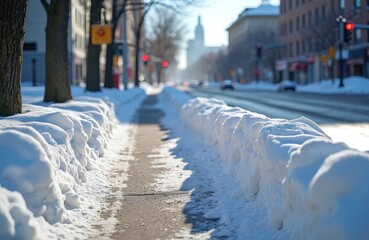 Obraz premium Snowy city street with plowed sidewalk. Cars drive on road between snowbanks. Winter urban landscape with bare trees and buildings in background.