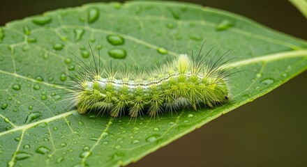 Fototapeta premium Macro shot of a bright green spiky caterpillar crawling on a vibrant leaf covered with water droplets after rain.
