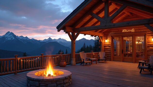 Log cabin deck with fire pit and mountain view at twilight. Cozy chairs and string lights create warm ambience. Peaceful mountain landscape with peaks at dusk.