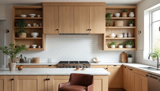 Modern kitchen with light wood cabinets, open shelving displays dishes, plants, decor. Subway tile backsplash, stainless steel range create stylish workspace. Marble island with bar stool offers