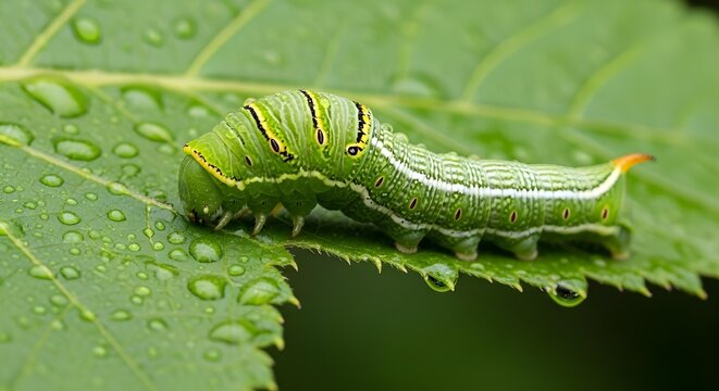Macro shot of a bright green caterpillar with yellow eye spots crawling on a leaf covered in water droplets.