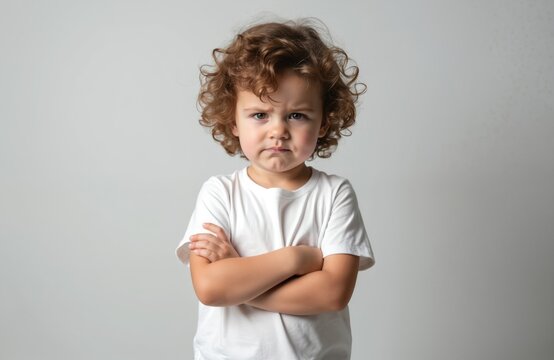 Young kid arms crossed with angry expression. Child with curly hair looks upset and frustrated. Toddler displays defiance and displeasure against plain backdrop, showing negative emotion.