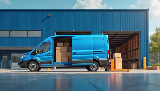 Blue delivery van loaded with cardboard boxes parked near warehouse loading dock. Packages on pallet jack suggest shipping and logistics work. Truck ready for transport.