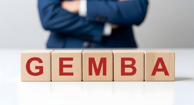 Gemba Concept: Businessperson with Arms Crossed Behind Wooden Blocks