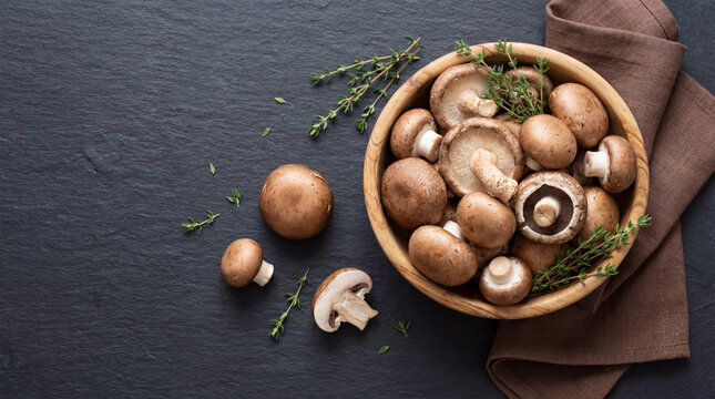 A bowl of fresh mushrooms on a dark slate surface with herbs and a brown cloth