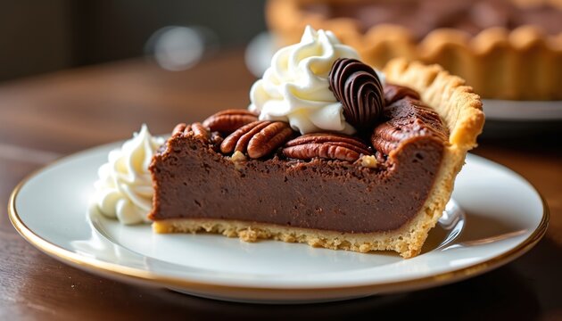 Slice of rich chocolate pecan pie topped with whipped cream and whole pecans. A decadent dessert perfect for holiday gatherings or everyday indulgence. Enjoy a delicious sweet treat.