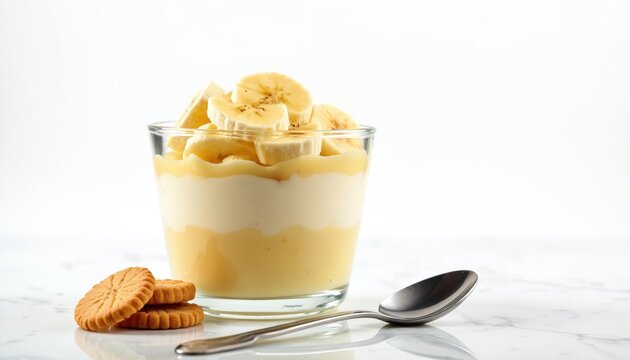 Glass of layered banana pudding with vanilla cream and wafer cookies. Sliced bananas top creamy dessert on white table with spoon. Sweet treat ready to eat.