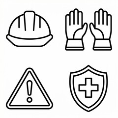 Obraz premium Industrial safety icon set including helmet, gloves, warning sign, and shield symbols, outline vector icons