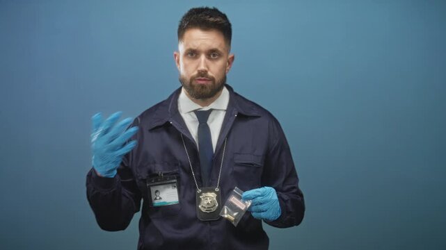 Man detective holding sealed evidence bag, badge on chain and blue gloved hand raised in studio; focused investigation.