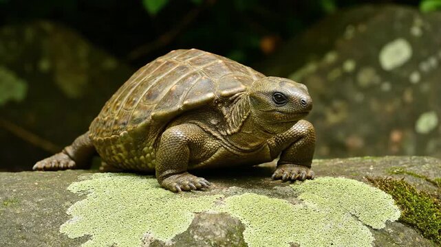 A small turtle with a patterned shell walks slowly on a mossy rock in a natural outdoor setting.