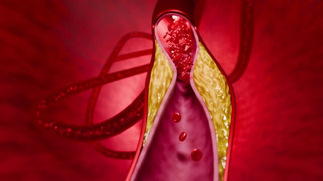 Conceptual 3D art depicting the dangers of junk food, soda, and alcohol consumption, showing clogged arteries, restricted blood flow, increased heart disease risk, and critical vascular health issues.