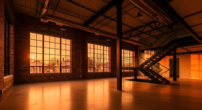 Industrial Loft Interior with Sunset Light