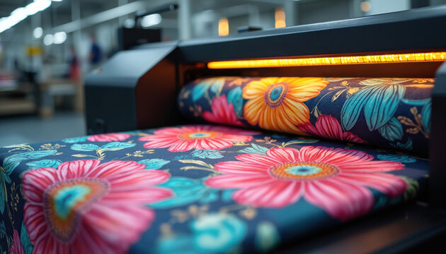 Digital printer applies bright floral pattern onto cloth material. Colorful flowers on fabric emerge from machine. Textile printing process uses ink for new design.