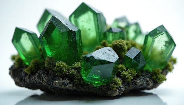 Sharp green crystals cluster on dark rock with moss. Gemstone forms geometric shapes, shines bright. Natural mineral grows from earthy base, looks magical. Shiny faceted stones.