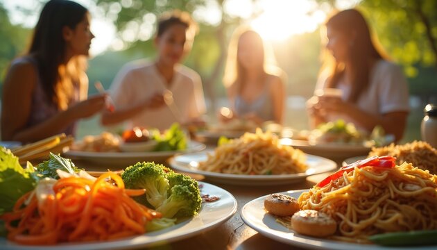 Friends enjoy diverse asian dishes at a sunlit outdoor table. Plates piled with noodles, vegetables, and fruit suggest a healthy, vibrant communal meal shared outdoors during daylight.