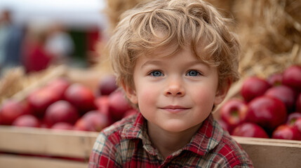 Fototapeta premium Young boy smiling among fresh red apples at farmers market 