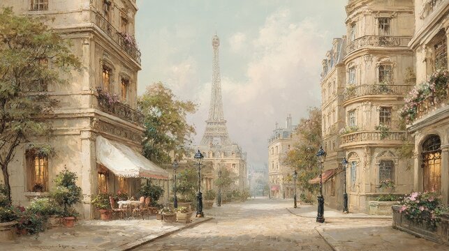 Paris street scene oil painting depicting the eiffel tower towering over classic haussmann buildings and a charming cobblestone street cafe, capturing the timeless elegance of the city