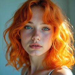 Fototapeta premium Young woman with vibrant fiery orange hair and blue eyes. Natural light illuminates her face, highlighting freckles and a soft, captivating expression. She looks directly at the camera.