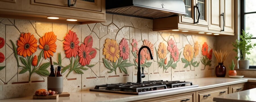 Colorful floral mosaic tile backsplash in neutral kitchen tones. Decorative ceramic art with embossed flowers and leaves creates a warm, inviting atmosphere in a home.