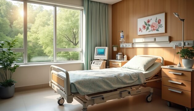 Hospital room features adjustable bed, medical monitor and large window with green trees view. Room is clean, bright and welcoming with wooden accents and art.