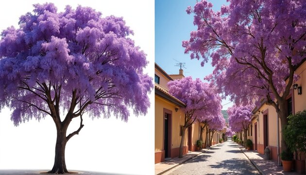 Purple jacaranda trees bloom lining a cobblestone street with houses. One tree stands alone against a white background. Spring brings vibrant color to urban areas.