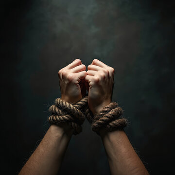 Man hands tied with thick rope. Close up on wrists bound tightly with coarse twine. Concept of captivity loss of freedom struggle against constraint.