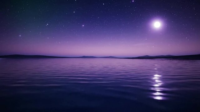 A peaceful night sea landscape with a glowing moon and stars reflecting on the calm ocean under a dark blue sky