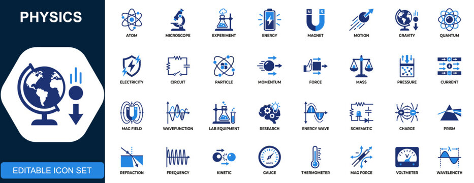 Physics icon set, atom, laboratory, experiment, energy, magnetism, motion, gravity, quantum, electricity, optics solid icons collection. Vector.