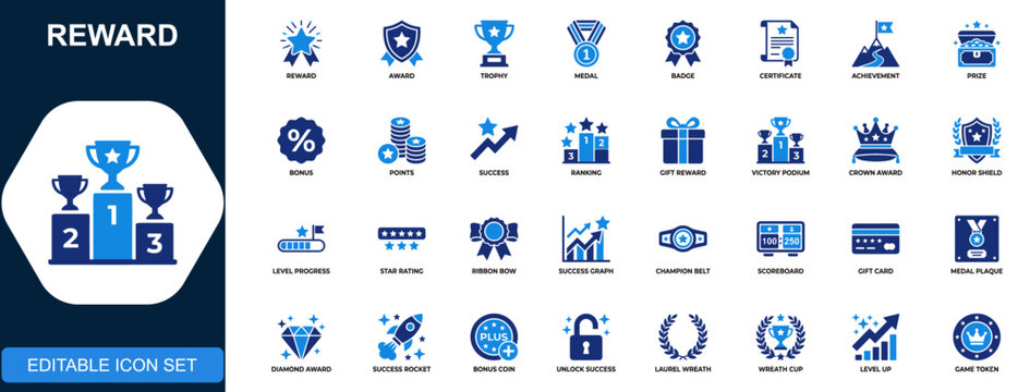 Reward icon set, award, trophy, medal, badge, certificate, achievement, points, bonus, success, ranking. Solid icons collection. Vector.