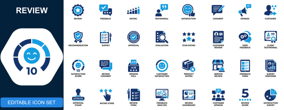 Review icon set, feedback, rating, testimonial, satisfaction, comment, opinion, customer experience, recommendation, survey. Solid icons collection. Vector.