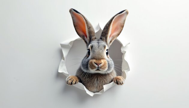 Cute rabbit peeks through torn paper hole. Bunny face with big ears and paws looks curious. Whimsical animal art style with detailed fur texture.