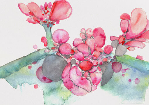Abstract Pink Botanical Composition with Stones and Green Wash, Hand Painted Watercolor Background