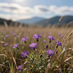 Fototapeta premium Purple Wildflowers in Mountain Meadow Field
