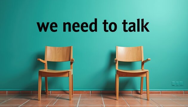 Two empty chairs face each other against a teal wall. Text reads we need to talk. Suggests serious conversation or confrontation. Minimalist interior setting.