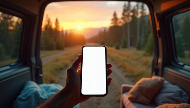Hand holds blank smartphone screen inside camper van at sunset. Person captures scenic nature view on journey. Forest road leads to horizon.