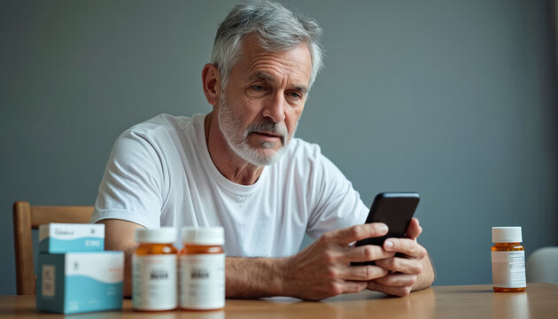 Elderly man uses phone to scan medicine QR code. He sits at table with pills and boxes. He checks drug information and dosage instructions. Mature person reads label for safety.