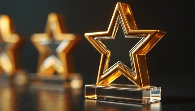 Golden star trophies on dark background signify achievement, excellence, and top performance recognition in business and career settings. Awards for outstanding staff.