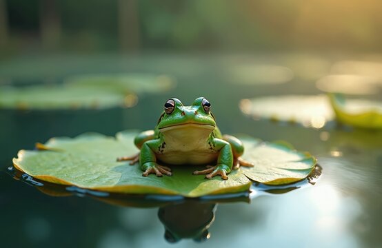 Green frog rests on water lily pad floating on pond water. Small amphibian sits calmly in nature. Sunlight reflects on lake surface. Peaceful wildlife scene.