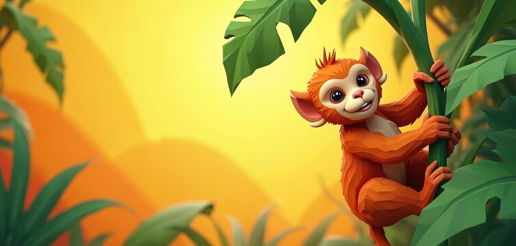 Cute orange capuchin monkey hangs on vine. Jungle background with green leaves and bright yellow sun. Small primate smiles happily enjoying tropical rainforest.