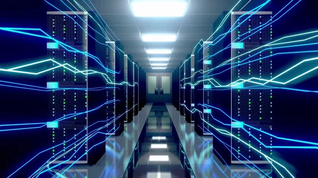Futuristic data center server room. Digital cloud computing and cyber data flow animation. 3D 4K server room, data center, modern server room environment, futuristic data center.