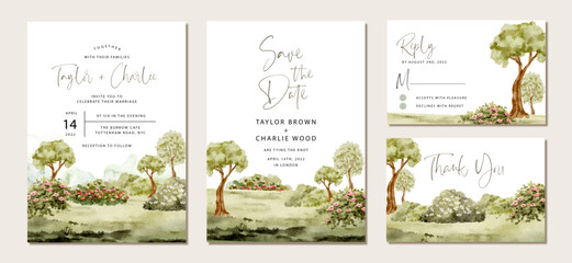 wedding invitation set with garden landscape watercolor