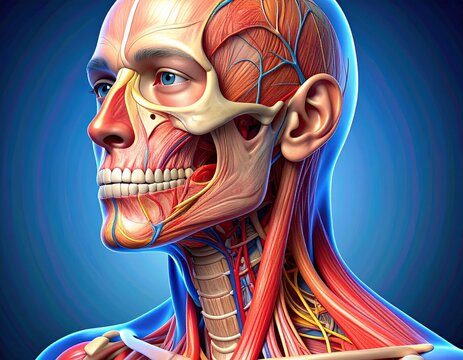 Anatomical image of the human head and neck showing salivary glands, facial, cervical muscles, nerves, blood vessels, oral structures, highlighting the parotid, submandibular, and sublingual regions.