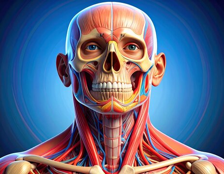 Anatomical image of the human head and neck showing salivary glands, facial, cervical muscles, nerves, blood vessels, oral structures, highlighting the parotid, submandibular, and sublingual regions.
