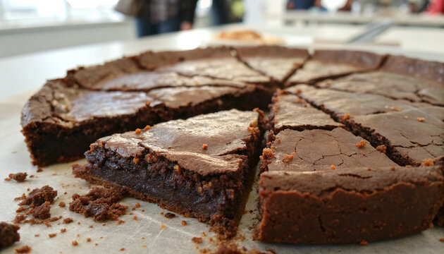Photorealistic macro chocolate brownie with fudgy center cracked crust moist crumbs glossy chocolate pockets high texture contrast

