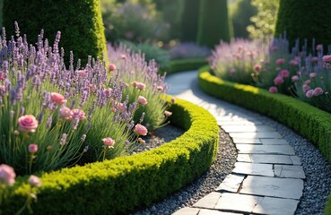 Curving garden path lined with manicured boxwood hedges surrounds lavender and pink roses. Stone walkway meanders through vibrant green plants and colorful blossoms. Peaceful scene with sunlight.