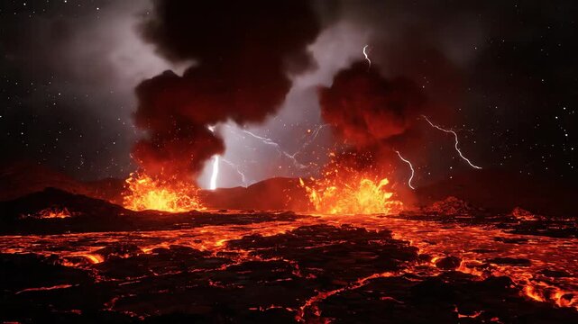 Volcanic eruption with lightning. Apocalyptic lava storm on alien planet or Earth&rsquo;s hellish landscape. Perfect for sci-fi worlds films, disaster documentaries, or game environments