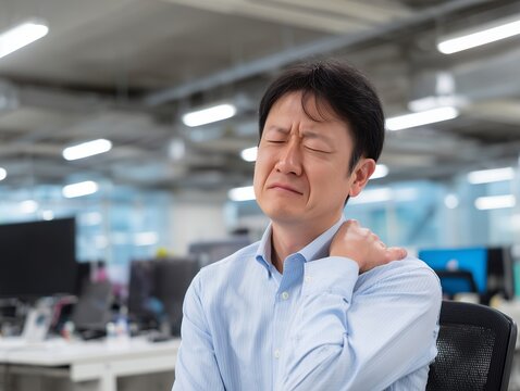 オフィスのデスクで肩こりや痛みに悩み肩を押さえて苦悶の表情を浮かべるビジネスマン